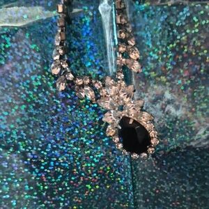 Elegant Black Teardrop Pendant Necklace with Clear Crystal Accents